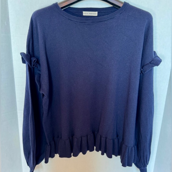 Ulla Johnson Navy Ruffle Cotton/Cashmere Sweater